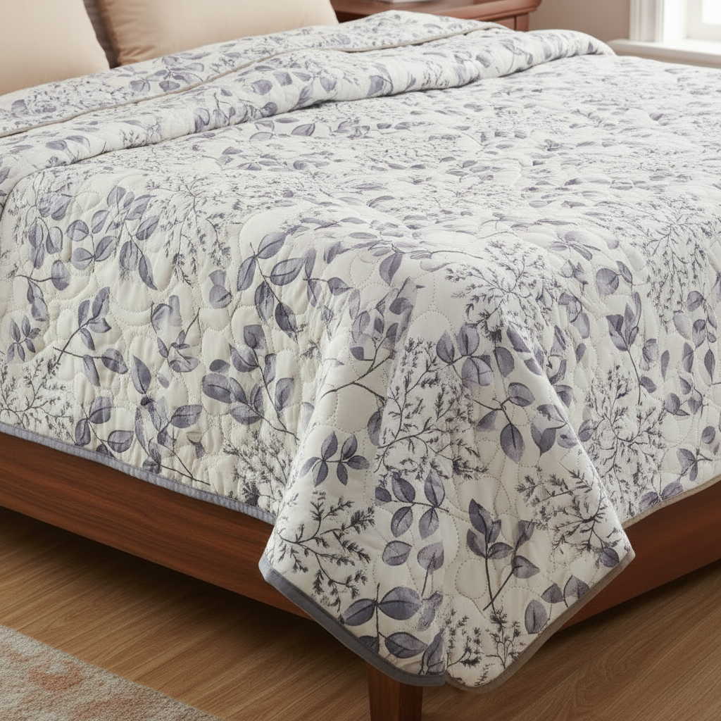 Summer Comforter Grey Botanical Double Bed  | Delicate Leaf Quilted Bedding