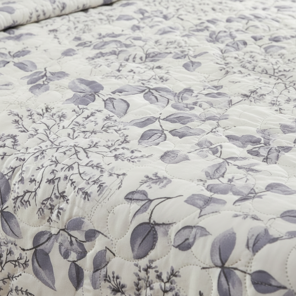 Summer Comforter Grey Botanical Double Bed  | Delicate Leaf Quilted Bedding
