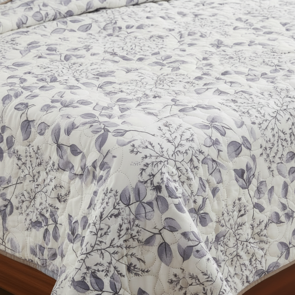 Summer Comforter Grey Botanical Double Bed  | Delicate Leaf Quilted Bedding