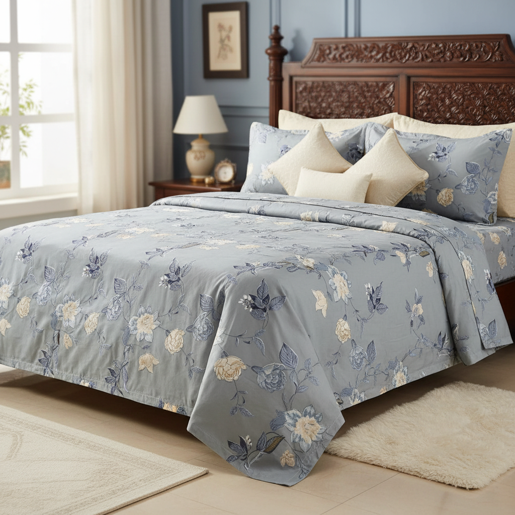 Premium Floral Bed Sheet Set - Grey with Cream Blue Bird & Flower Design with Pillow Covers - Queen Size
