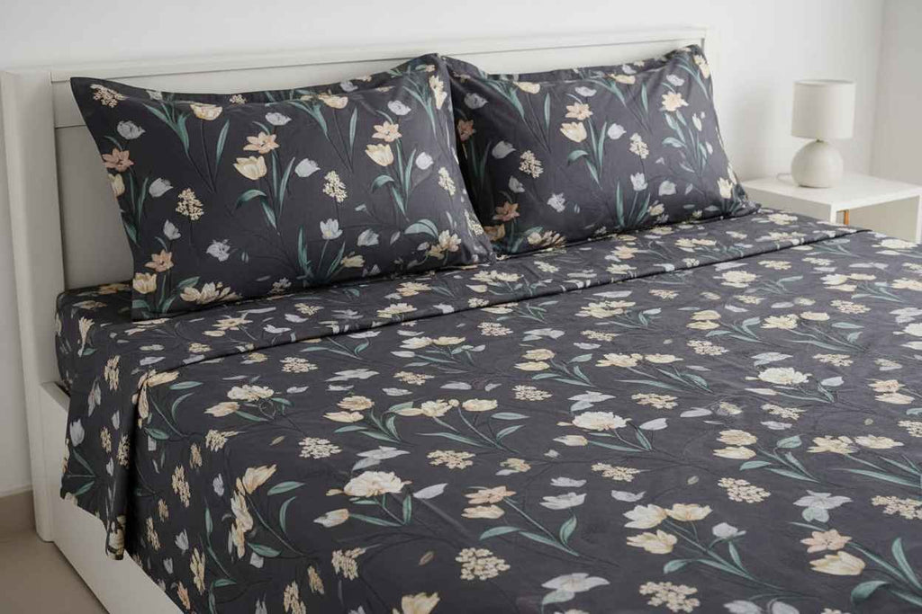 Botanical Bloom King Size Bedsheet – Dark Floral Embroidered