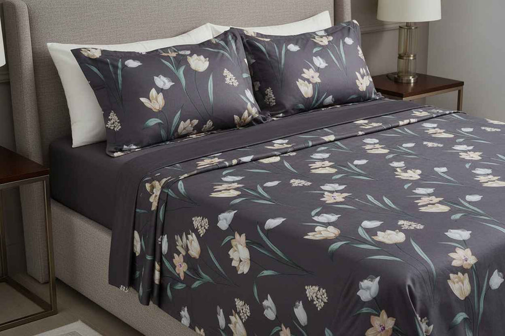 Botanical Bloom King Size Bedsheet – Dark Floral Embroidered