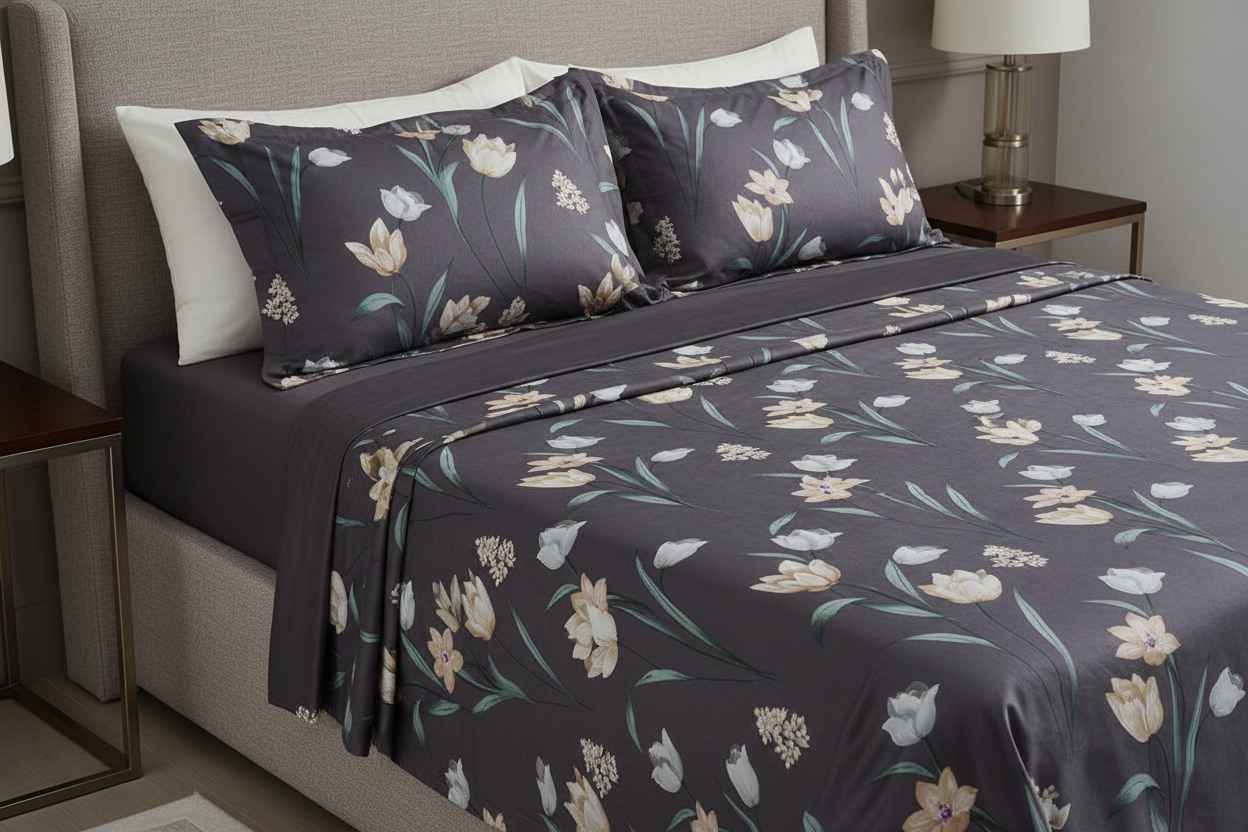 Botanical Bloom King Size Bedsheet – Dark Floral Embroidered