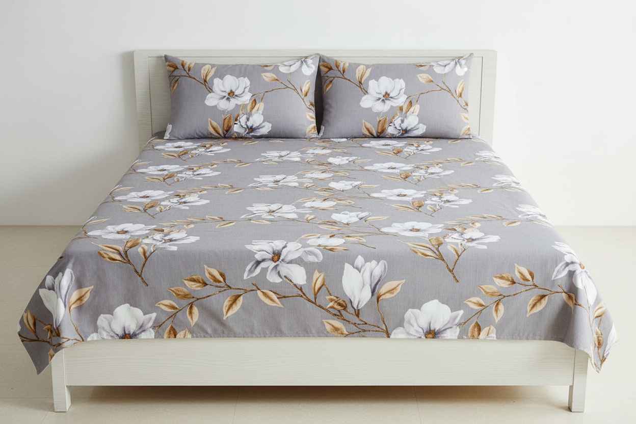Floral Printed Bedsheet | Soft Cotton | White with Yellow & Pink Blooms