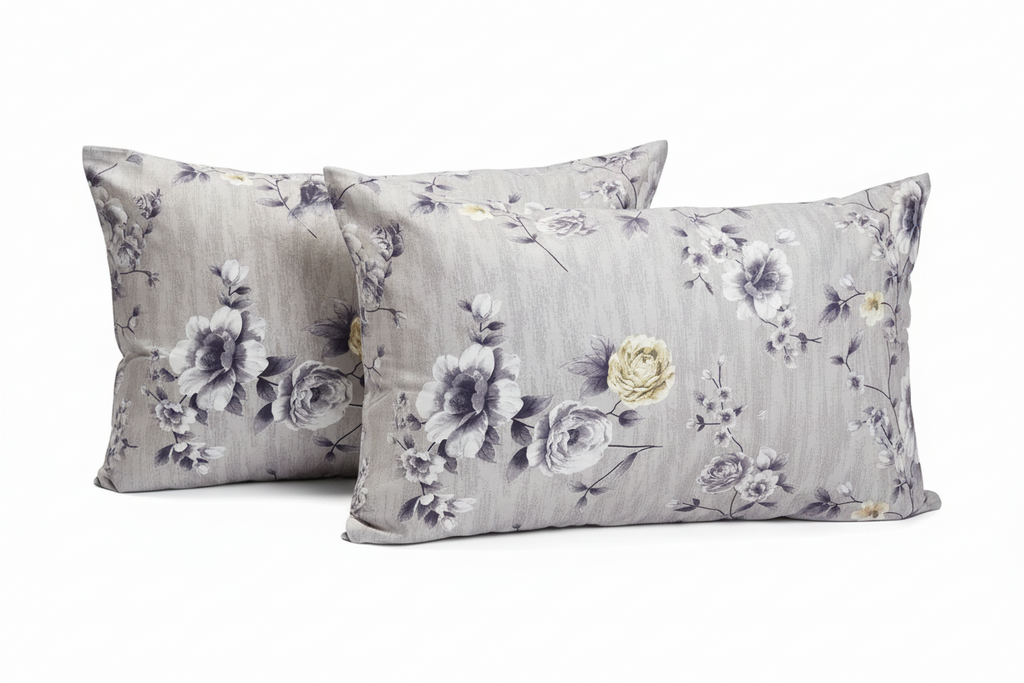 Fitted Elastic Bedsheet Set with 2 Pillow Covers - Grey White Floral Queen Size