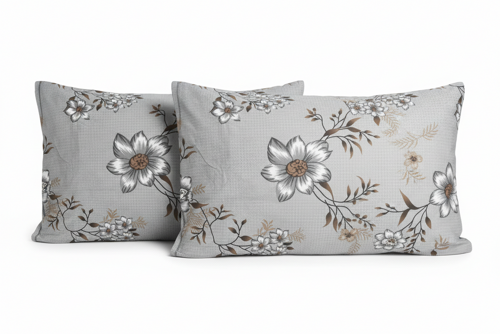 Fitted Elastic Bedsheet Set with 2 Pillow Covers - Grey White Floral Queen Size