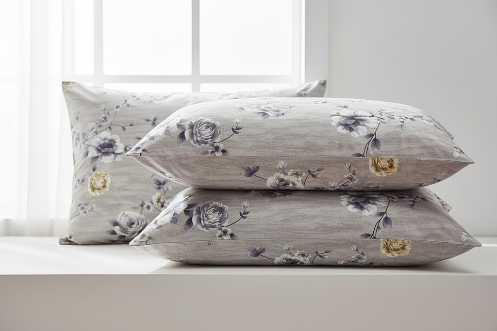 Fitted Elastic Bedsheet Set with 2 Pillow Covers - Grey White Floral Queen Size