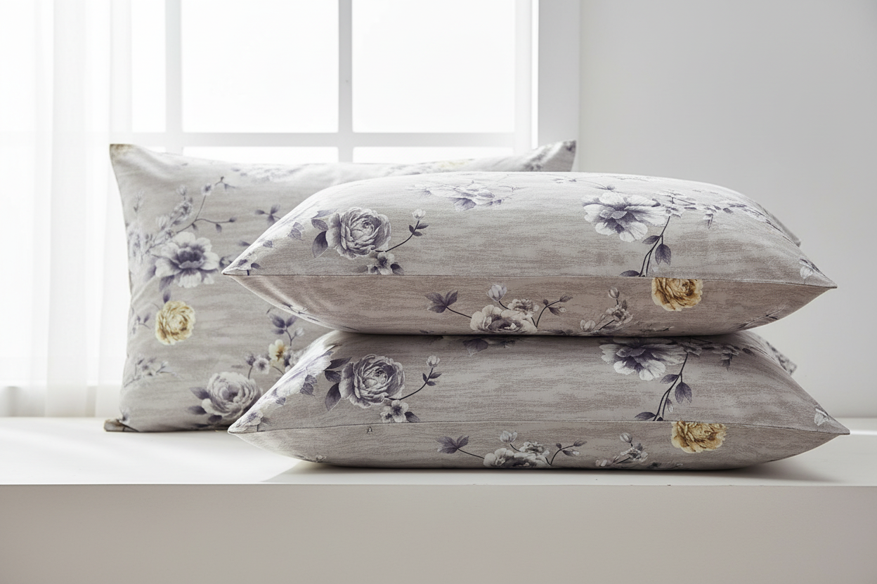 Fitted Elastic Bedsheet Set with 2 Pillow Covers - Grey White Floral Queen Size