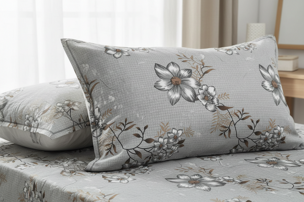 Fitted Elastic Bedsheet Set with 2 Pillow Covers - Grey White Floral Queen Size