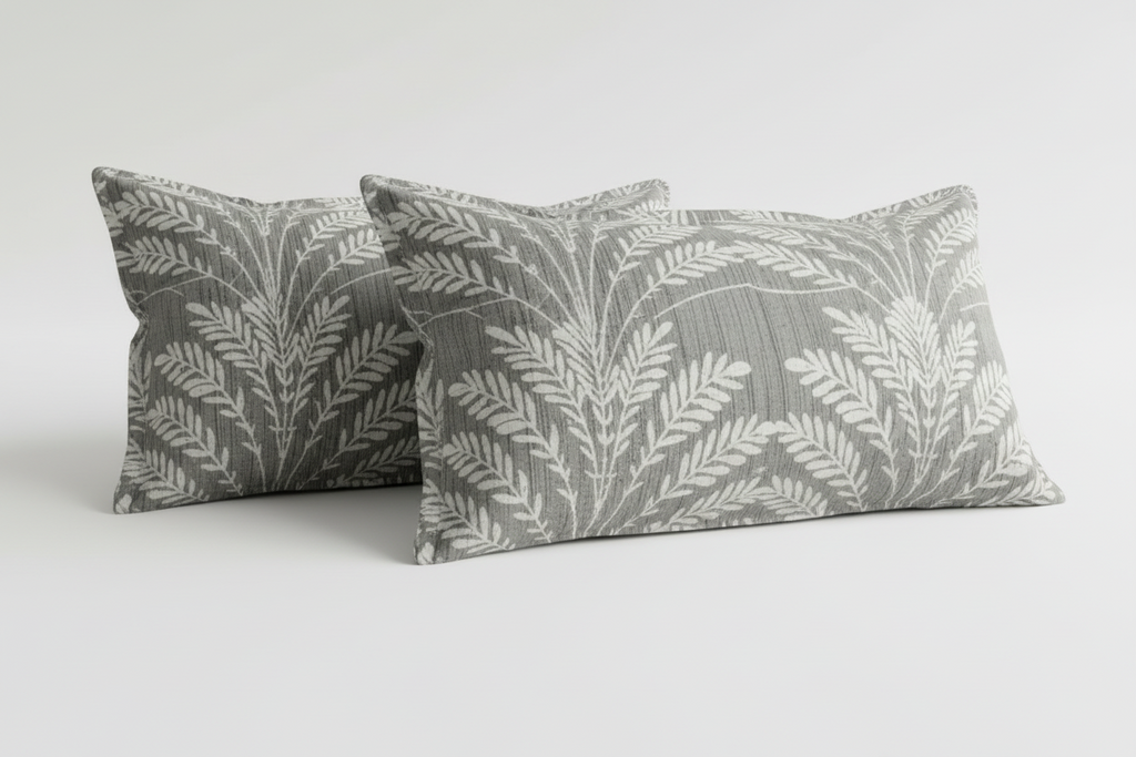 Fitted Elastic Bedsheet Set with 2 Pillow Covers - Grey White Botanical Leaf Queen Size