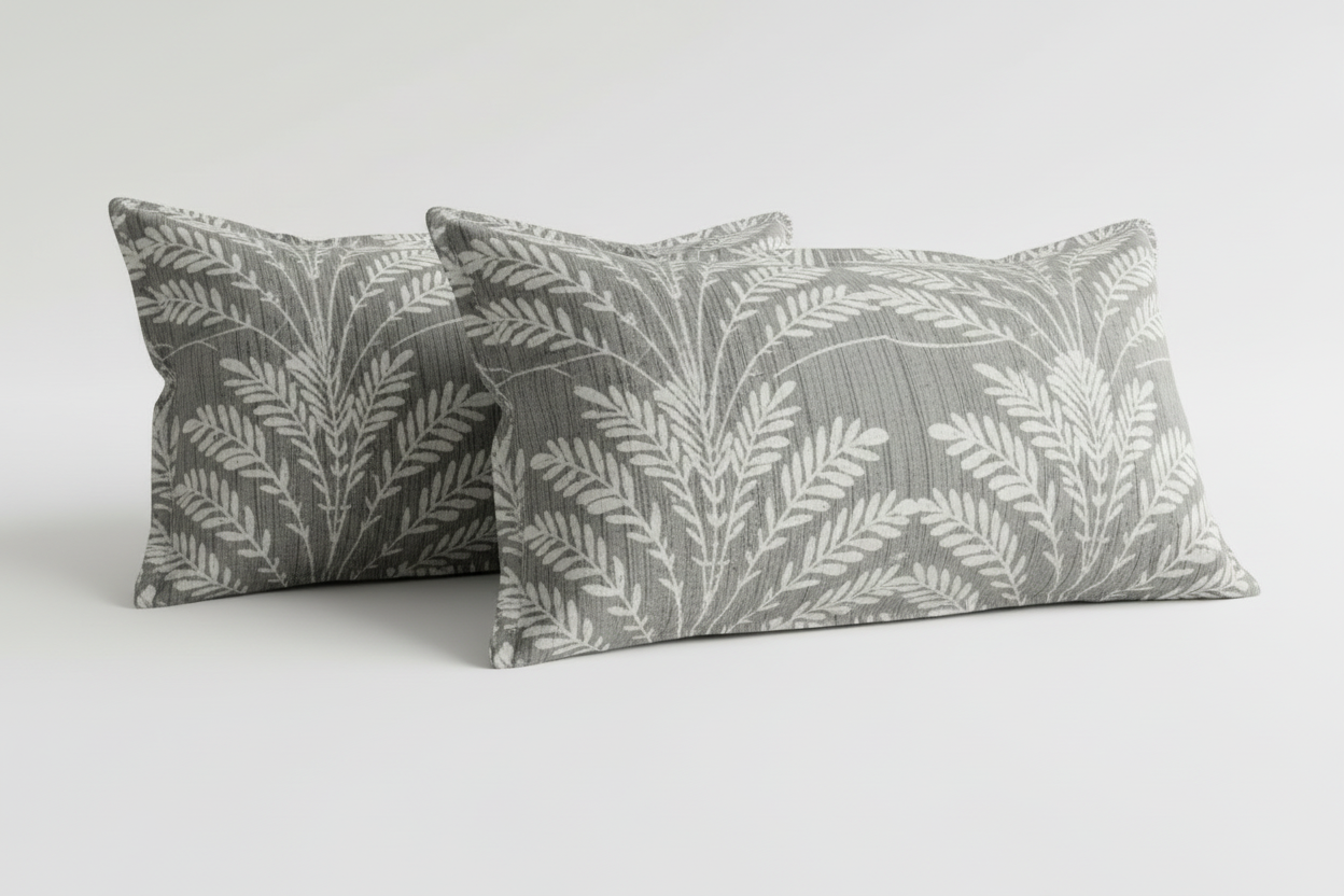 Fitted Elastic Bedsheet Set with 2 Pillow Covers - Grey White Botanical Leaf Queen Size