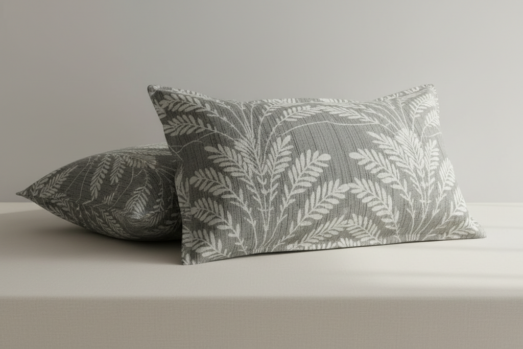 Fitted Elastic Bedsheet Set with 2 Pillow Covers - Grey White Botanical Leaf Queen Size