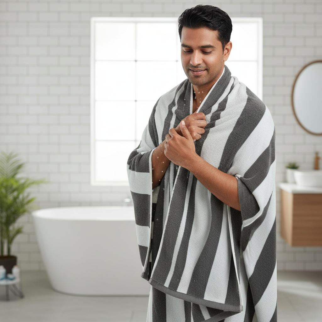 Grey White Striped Full Size Bath Towel for Unisex | Premium Classic