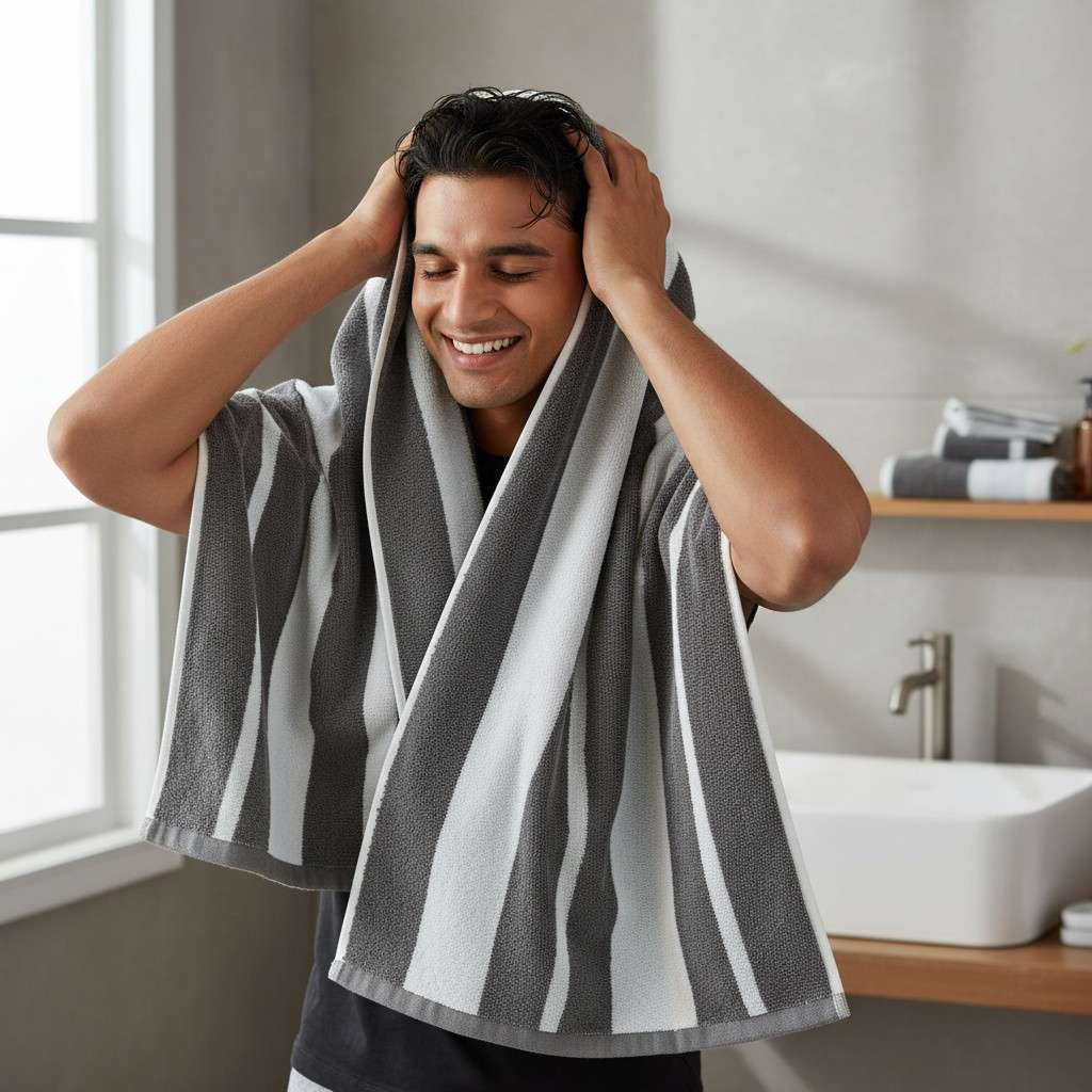 Grey White Striped Full Size Bath Towel for Unisex | Premium Classic