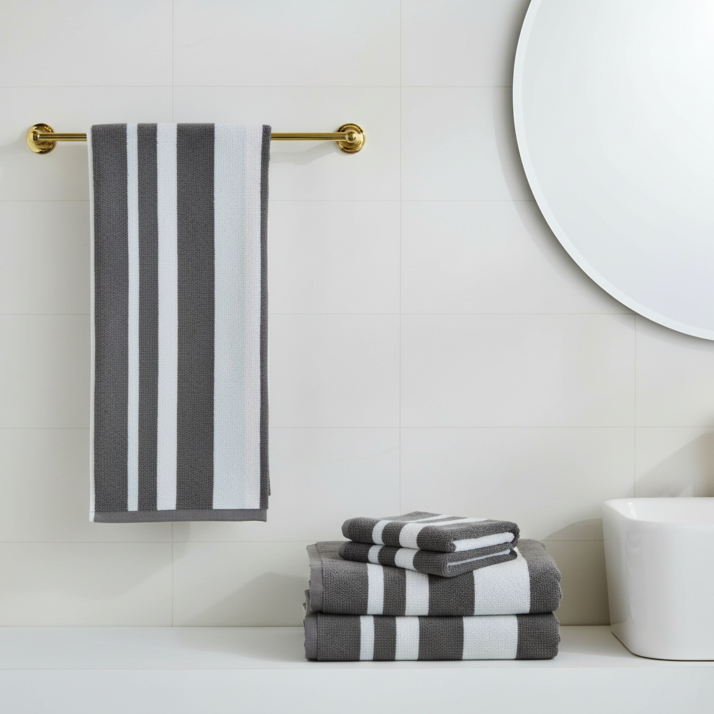 Grey White Striped Full Size Bath Towel for Unisex | Premium Classic