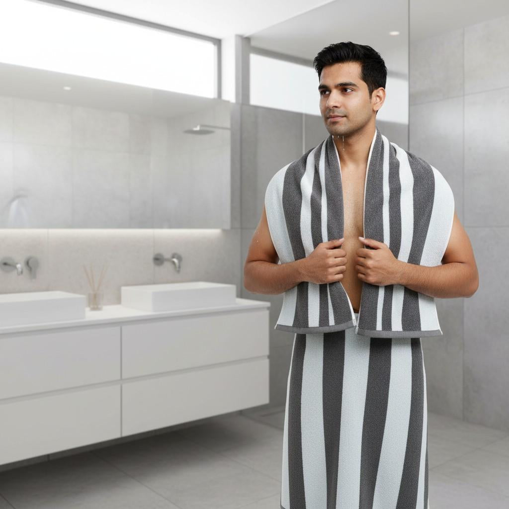 Grey White Striped Full Size Bath Towel for Unisex | Premium Classic