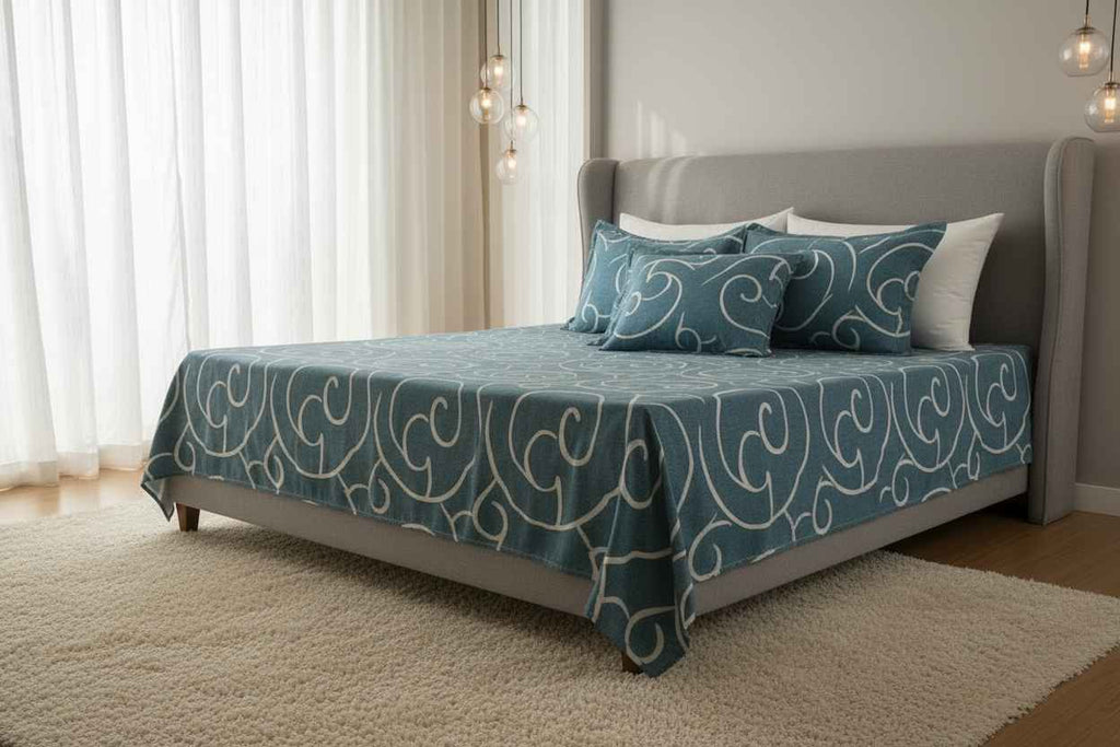 Teal Swirl Print Double Bedsheet with Pillow Covers