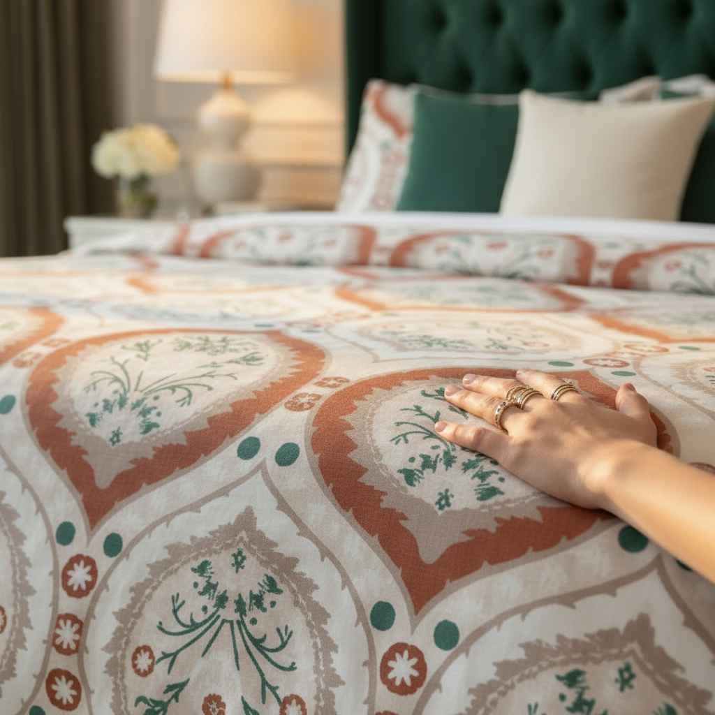 Ikat Floral Printed Bedsheet Set — Terracotta & Teal
