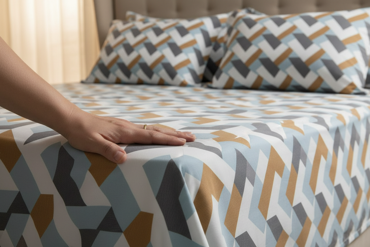 Geometric Chevron King Size Bedsheet – Teal, Gold & Grey