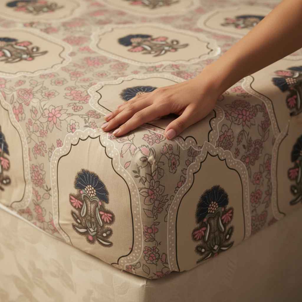Double Bed Bedsheet – Mughal Floral Print | Beige & Indigo