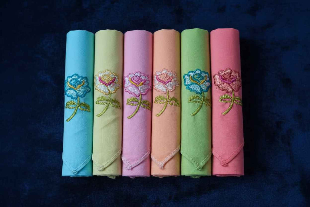 Embroidered Rose Cotton Handkerchiefs – Pack of 6 | Pastel Gift Set