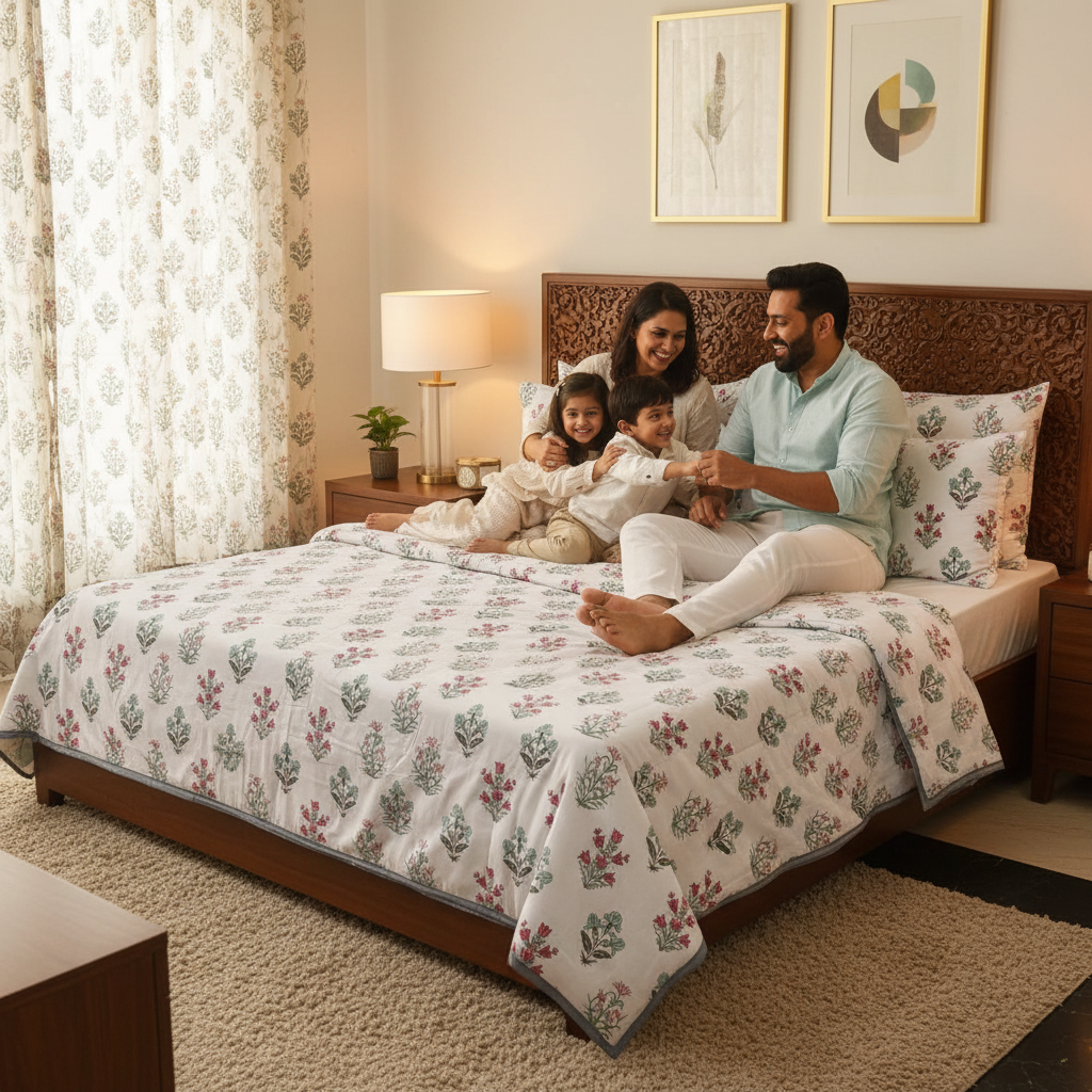 Summer Dohar Double Bed | Pink Teal Floral Bell Pattern 100% Cotton