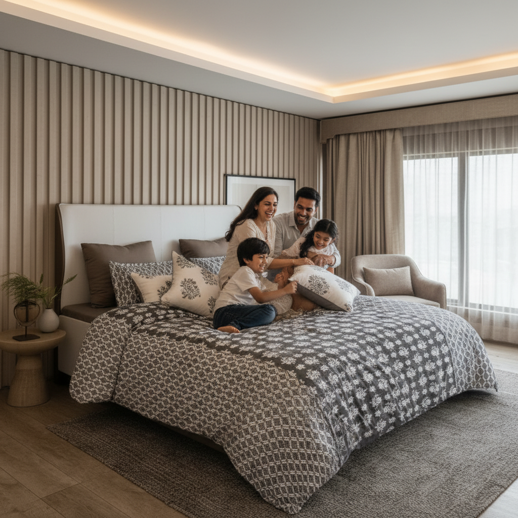 100% Pure Cotton King Size Bedsheet Set | Grey White Geometric Diamond Pattern | 108x108 Inches