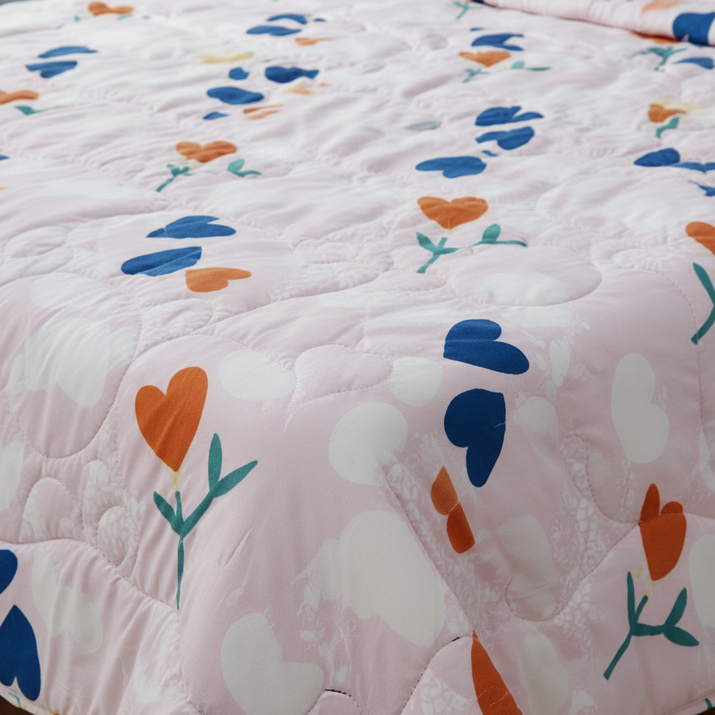 Summer Comforter Heart Floral Double Bed  | Blue & Orange Quilted Bedding