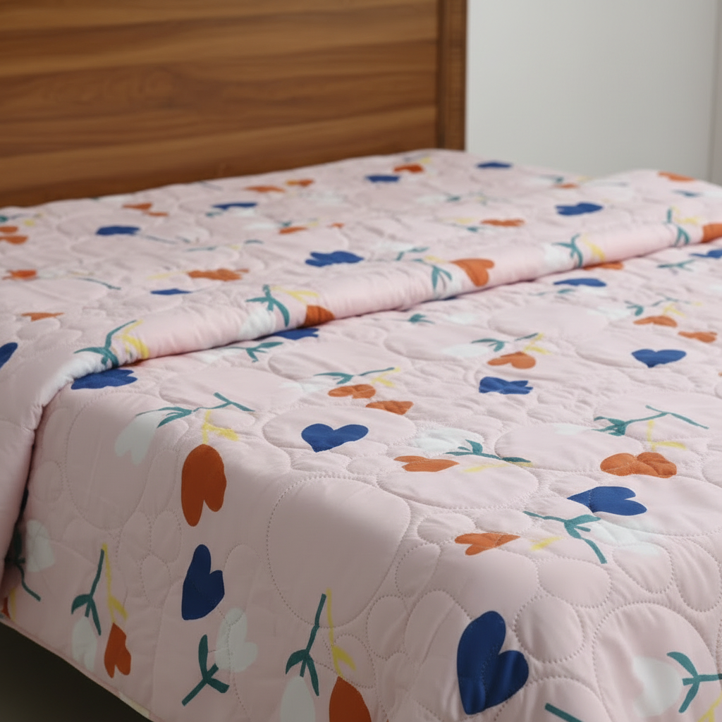 Summer Comforter Heart Floral Double Bed  | Blue & Orange Quilted Bedding