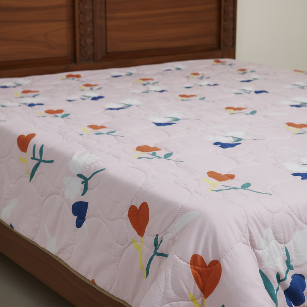 Summer Comforter Heart Floral Double Bed  | Blue & Orange Quilted Bedding