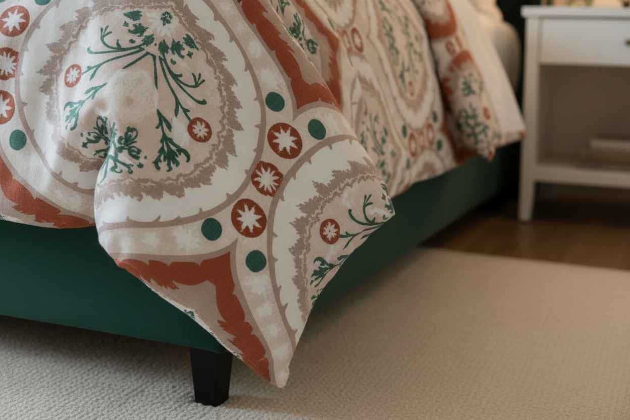 Ikat Floral Printed Bedsheet Set — Terracotta & Teal