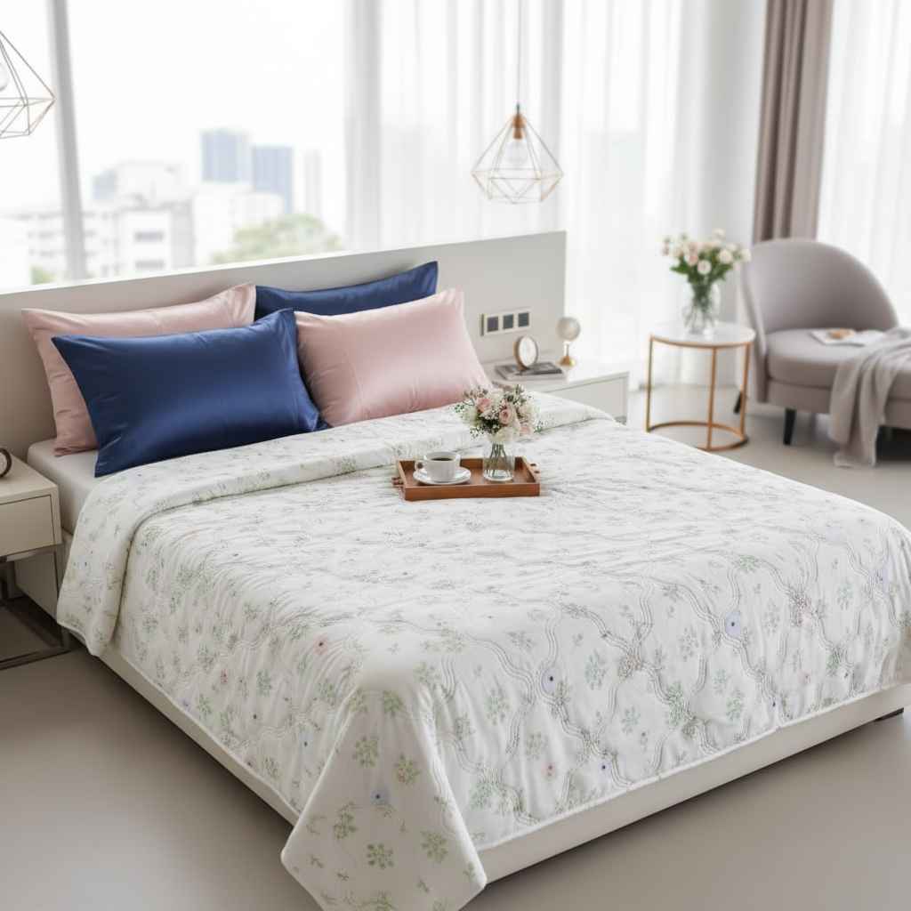 White Botanical Double Bed Comforter | Floral Summer Quilted Bedding
