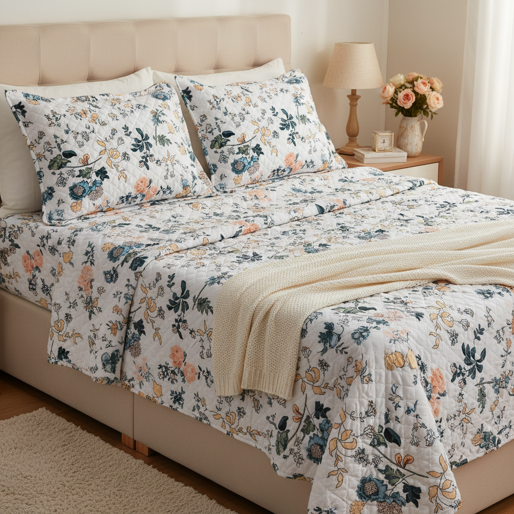 Complete bedsheet set on queen size bed