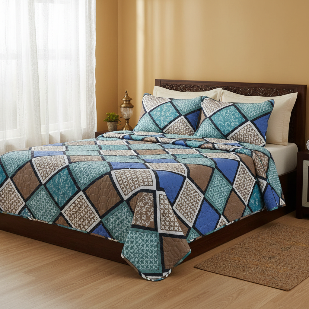 Queen Size Geometric Hexagon Bed Sheet Set | 90x100 Inches | 2 Quilted Pillow Covers