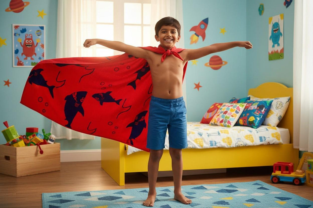 Kids Cotton Bath Towel | Red & Navy Blue Shark Print | Boys & Girls