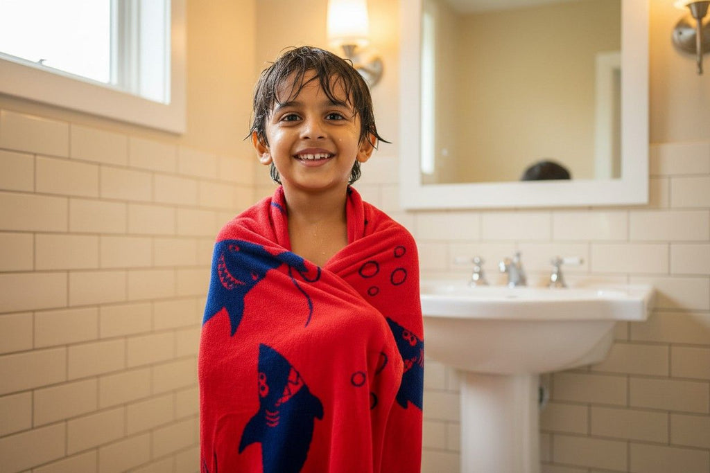 Kids Cotton Bath Towel | Red & Navy Blue Shark Print | Boys & Girls