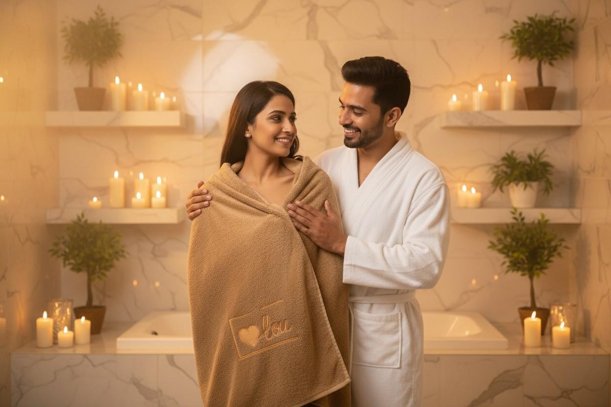 Bath Towel Microfiber | Camel | "I ♥ You" Embroidery | Ultra Soft & Quick Dry | Unisex