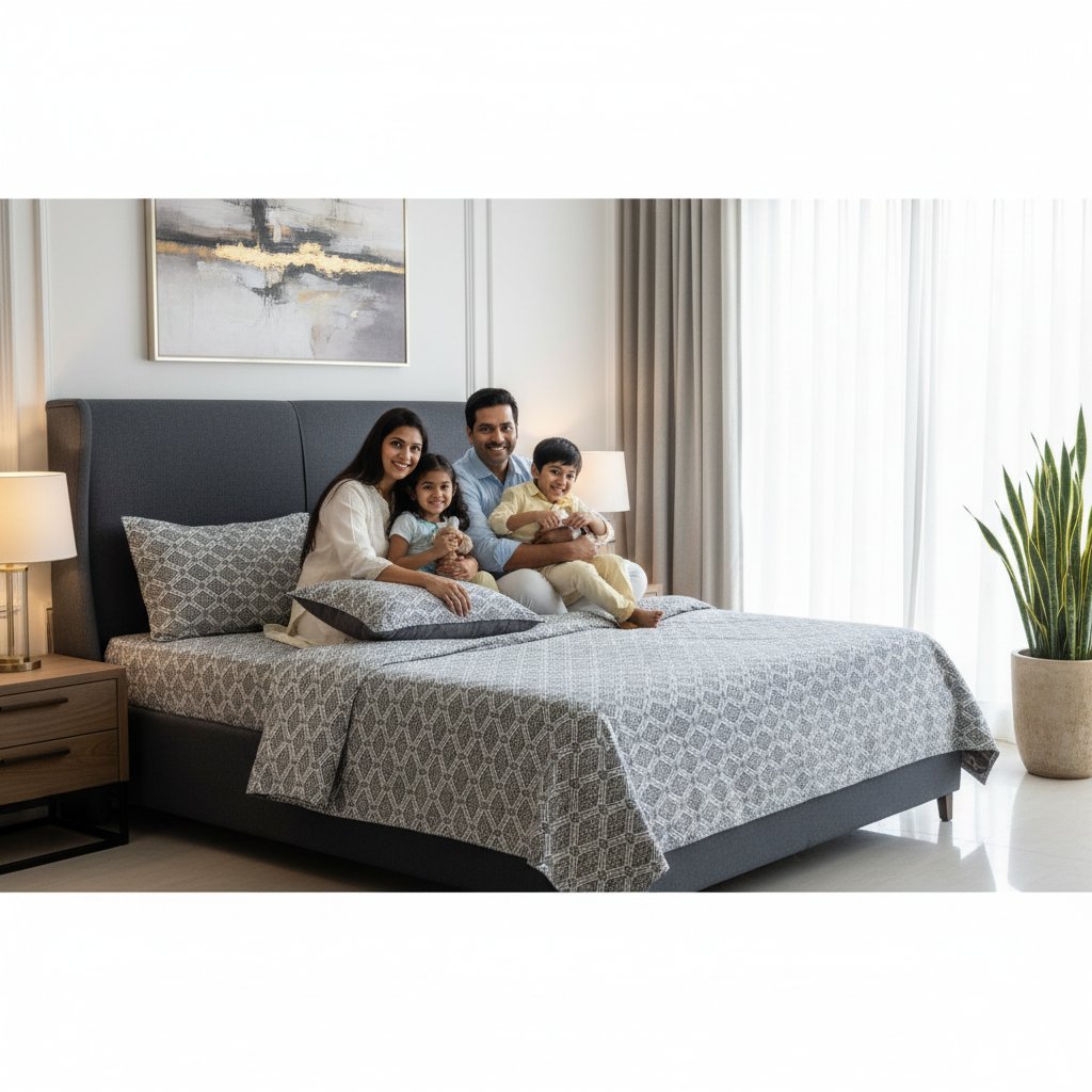 100% Pure Cotton King Size Bedsheet Set | Grey White Geometric Diamond Pattern | 108x108 Inches