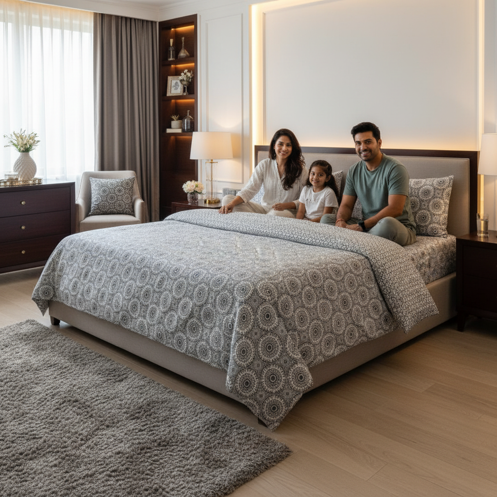 100% Pure Cotton King Size Bedsheet Set | Grey White Mandala Geometric Pattern | 108x108 Inches