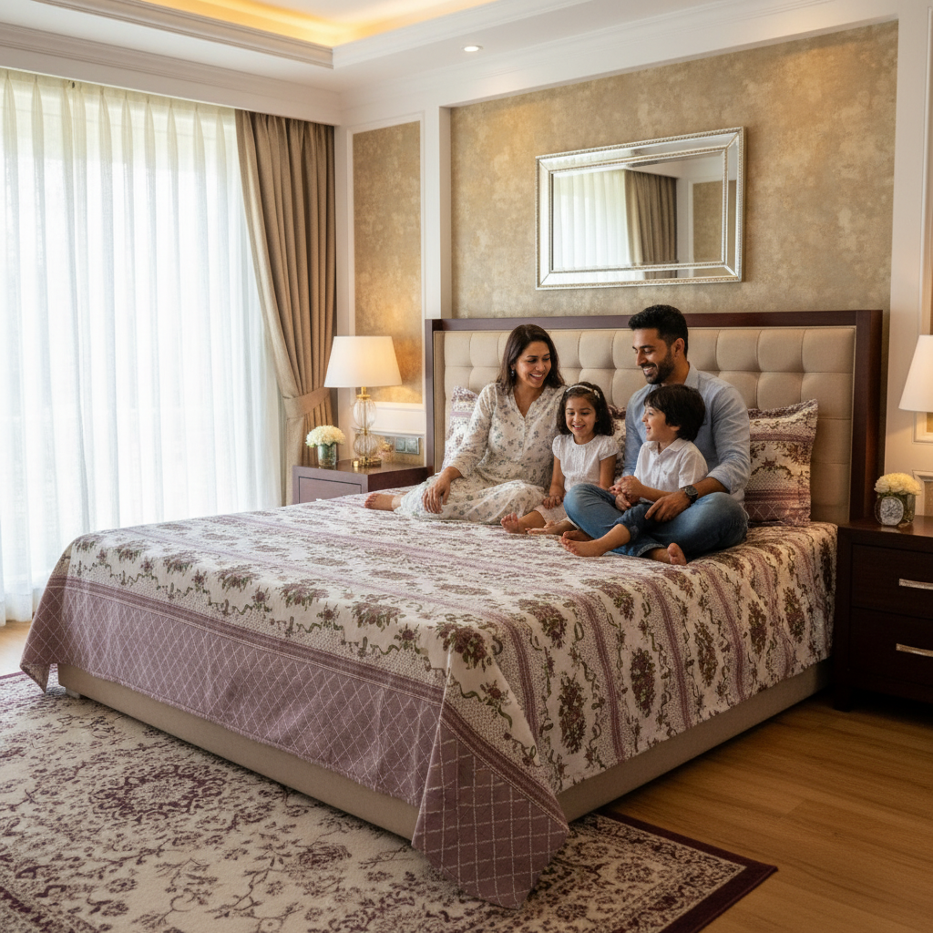 100% Pure Cotton King Size Bedsheet Set | Brown Green Floral Rose Stripe Pattern | 108x108 Inches