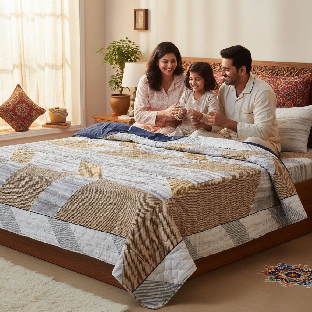 Premium Bed Sheet Set - Beige Grey Geometric Diagonal Striped Pattern with Quilted Pillow Covers - Queen Size