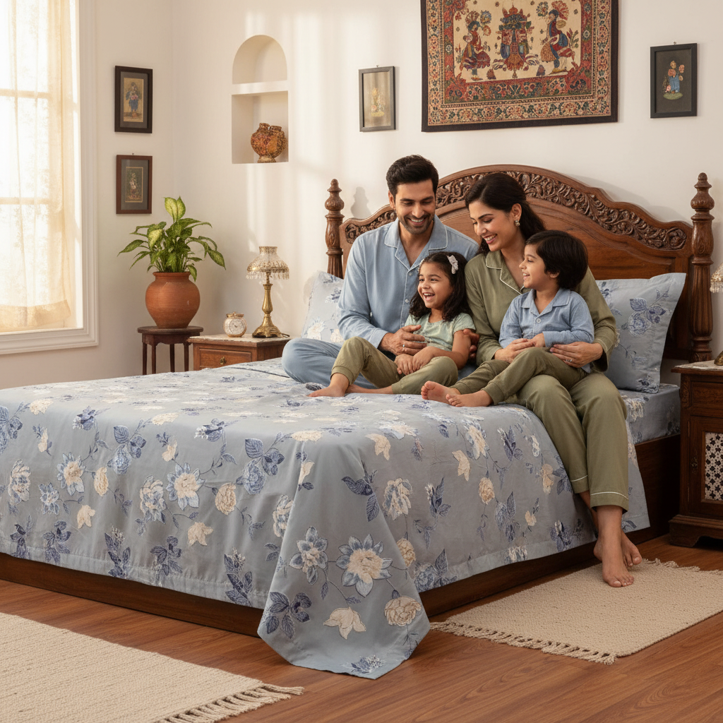 Premium Floral Bed Sheet Set - Grey with Cream Blue Bird & Flower Design with Pillow Covers - Queen Size