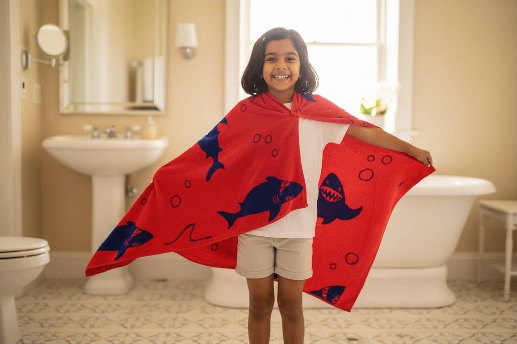 Kids Cotton Bath Towel | Red & Navy Blue Shark Print | Boys & Girls