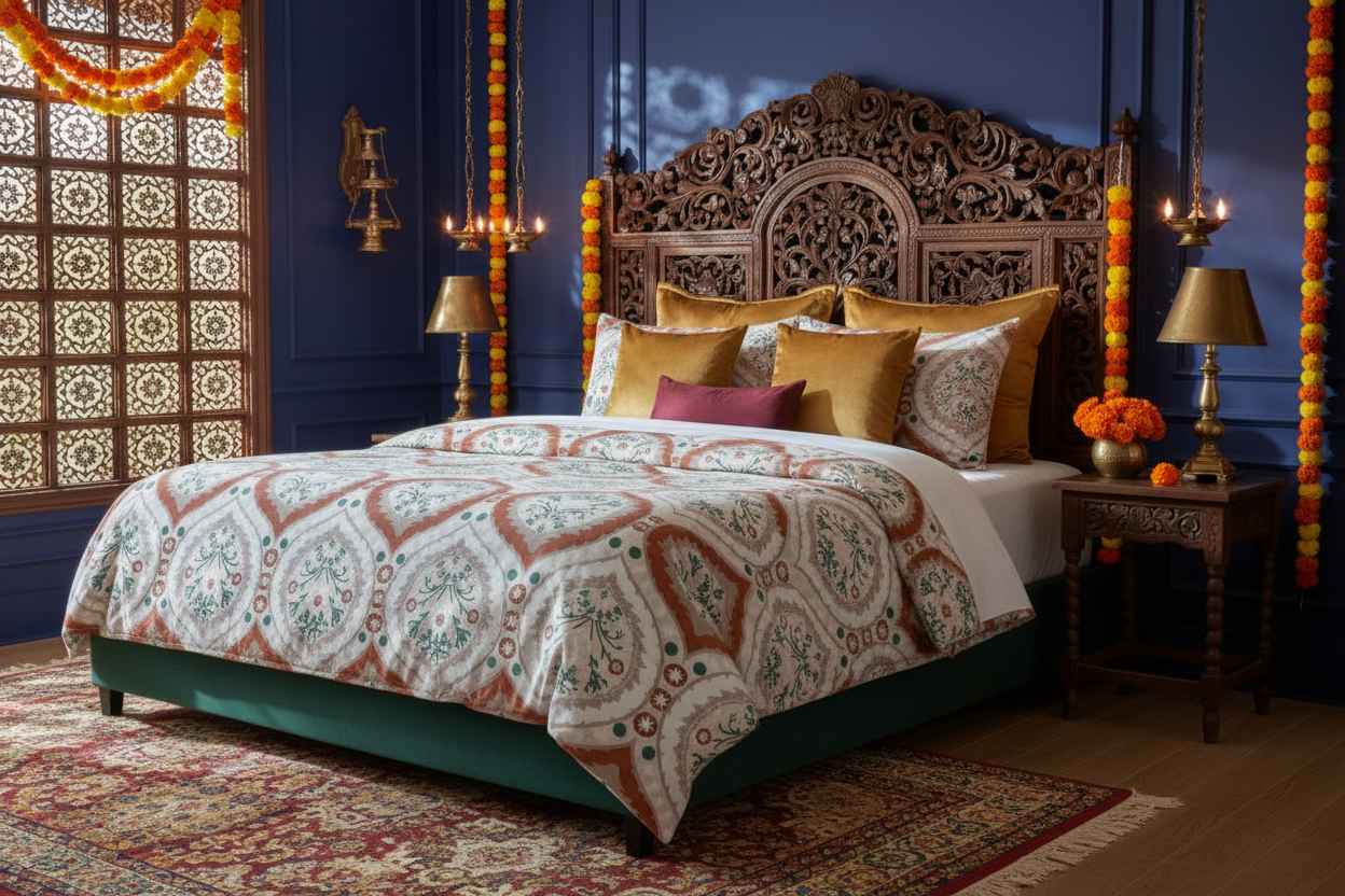 Ikat Floral Printed Bedsheet Set — Terracotta & Teal