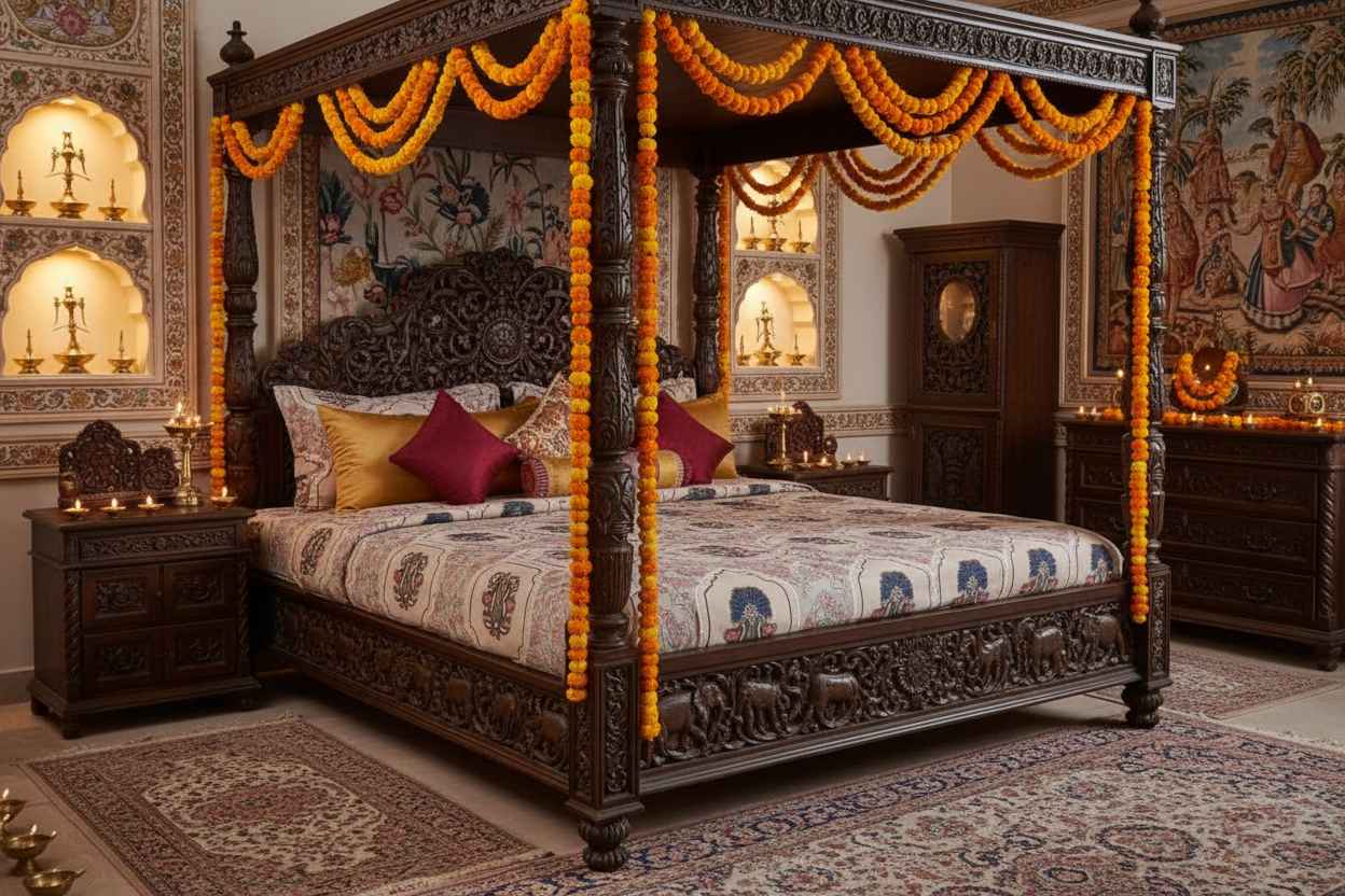 Double Bed Bedsheet – Mughal Floral Print | Beige & Indigo
