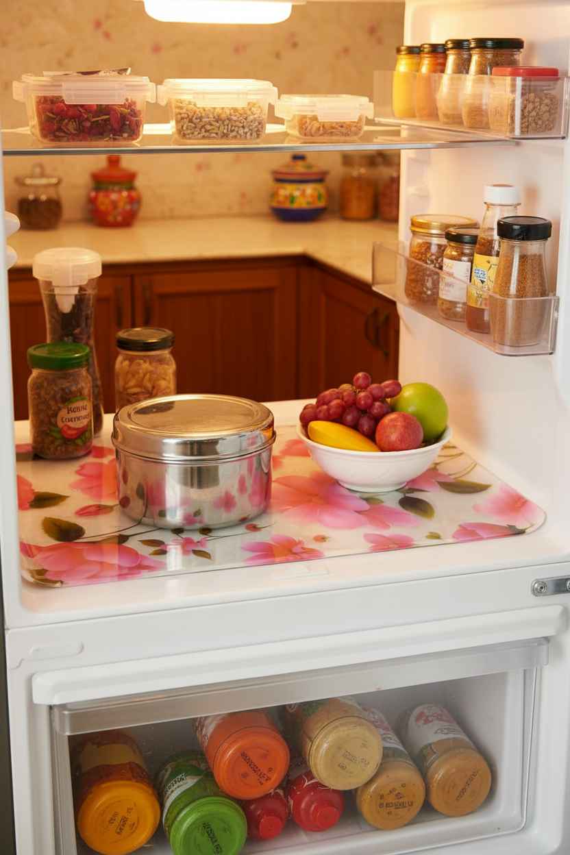 Open refrigerator with food items on a floral mat