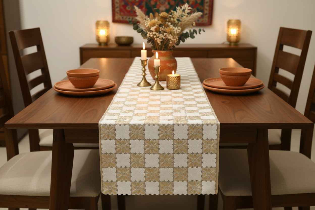 Checkered Gold Table Runner – Dining & Center Table Runner