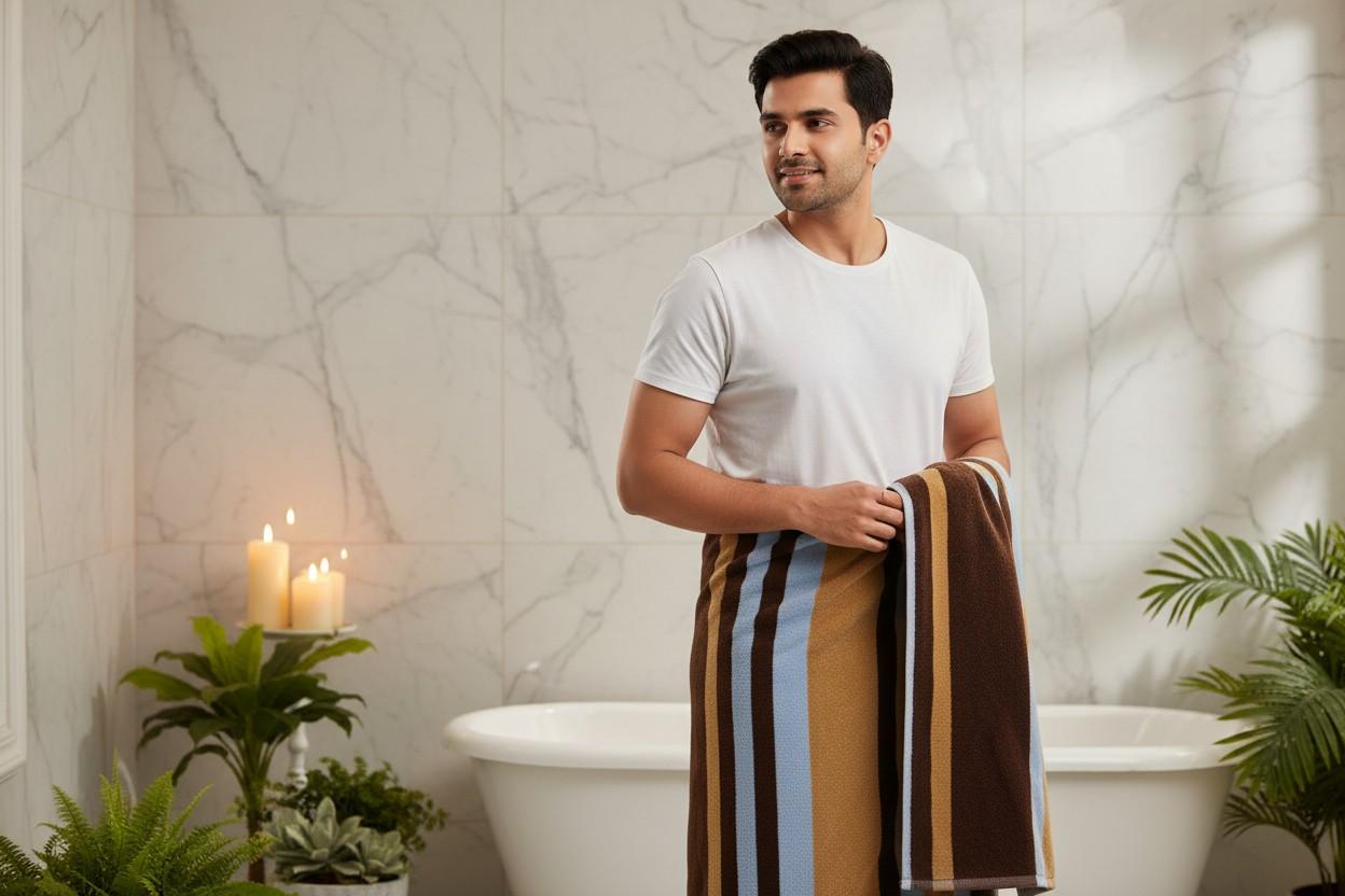 Cotton Bath Towel | Brown, Camel & Sky Blue Stripes | Ultra Soft, Super Absorbent & Quick Dry | Unisex