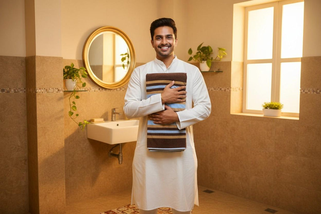 Cotton Bath Towel | Brown, Camel & Sky Blue Stripes | Ultra Soft, Super Absorbent & Quick Dry | Unisex