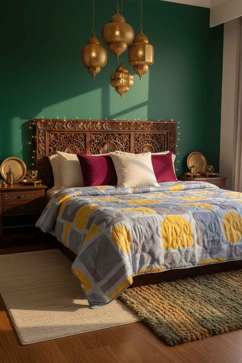 Blue Grey & Yellow Geometric Double Bed Comforter | Modern Quilted